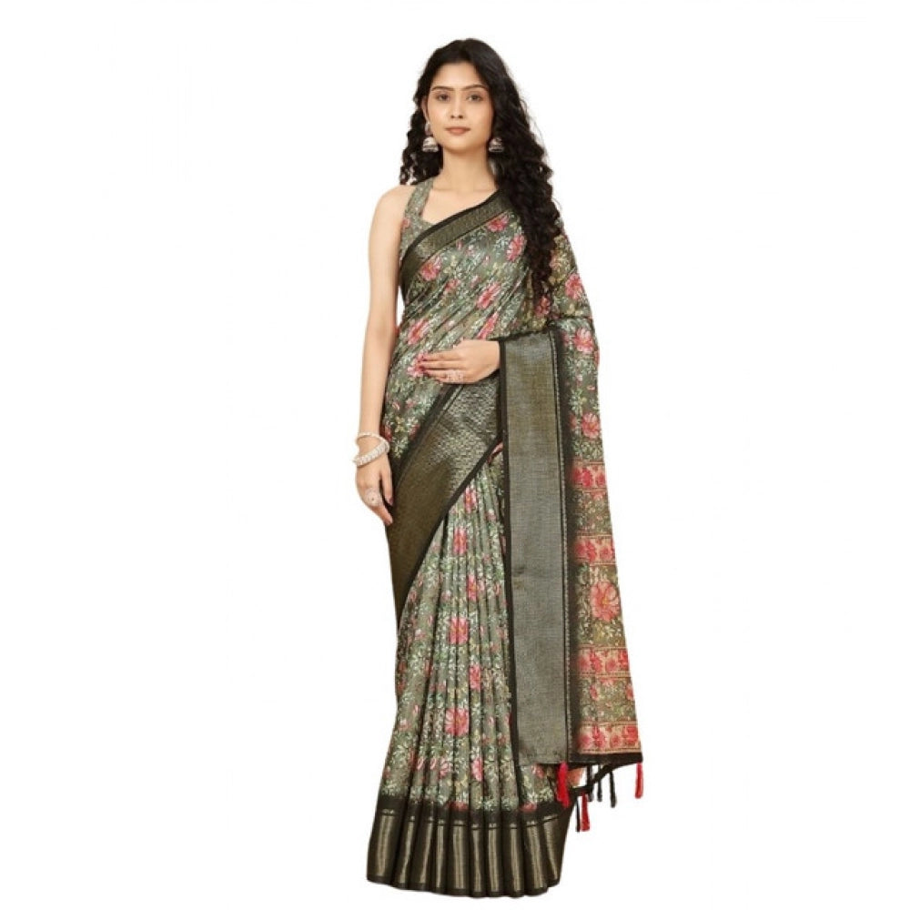 Amfyn Women's Cotton Silk Floral Printed Saree With Unstitched Blouse 5.5Mtr (Grey)