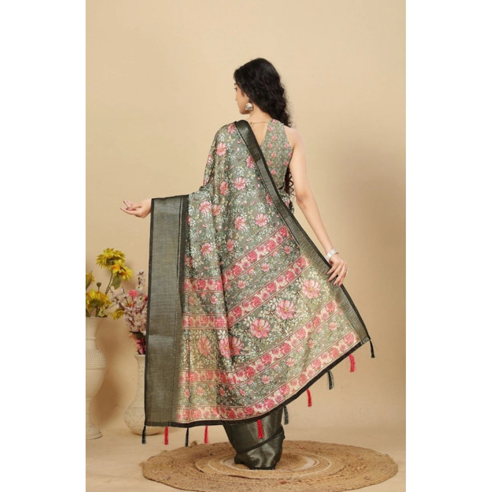 Amfyn Women's Cotton Silk Floral Printed Saree With Unstitched Blouse 5.5Mtr (Grey)