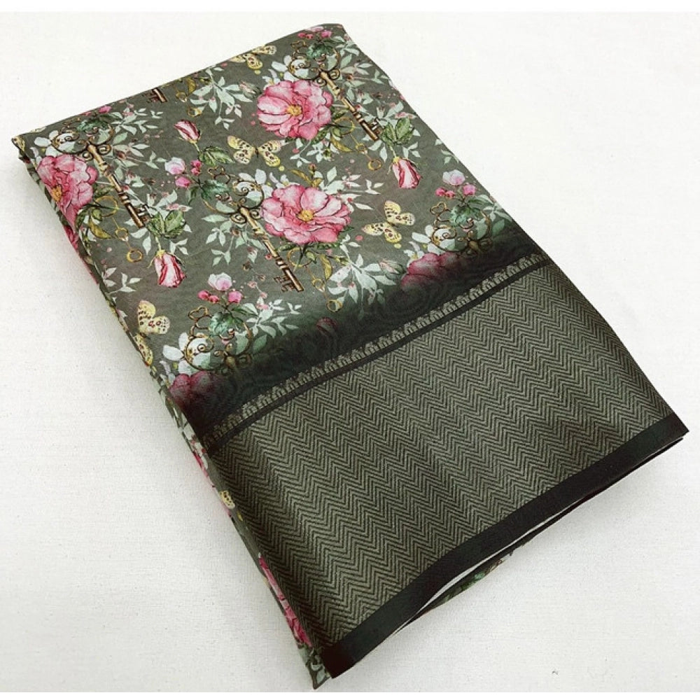 Amfyn Women's Cotton Silk Floral Printed Saree With Unstitched Blouse 5.5Mtr (Grey)