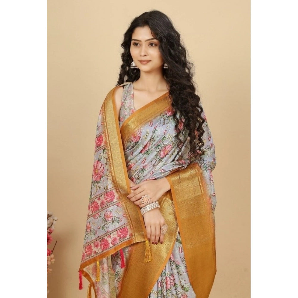 Amfyn Women's Cotton Silk Floral Printed Saree With Unstitched Blouse 5.5Mtr (Lavender)