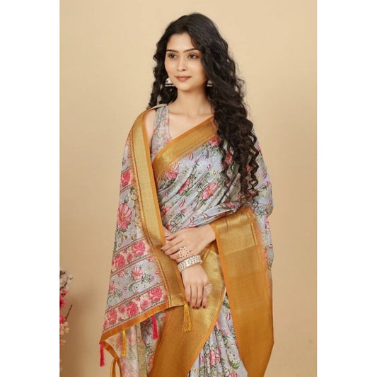 Amfyn Women's Cotton Silk Floral Printed Saree With Unstitched Blouse 5.5Mtr (Lavender)