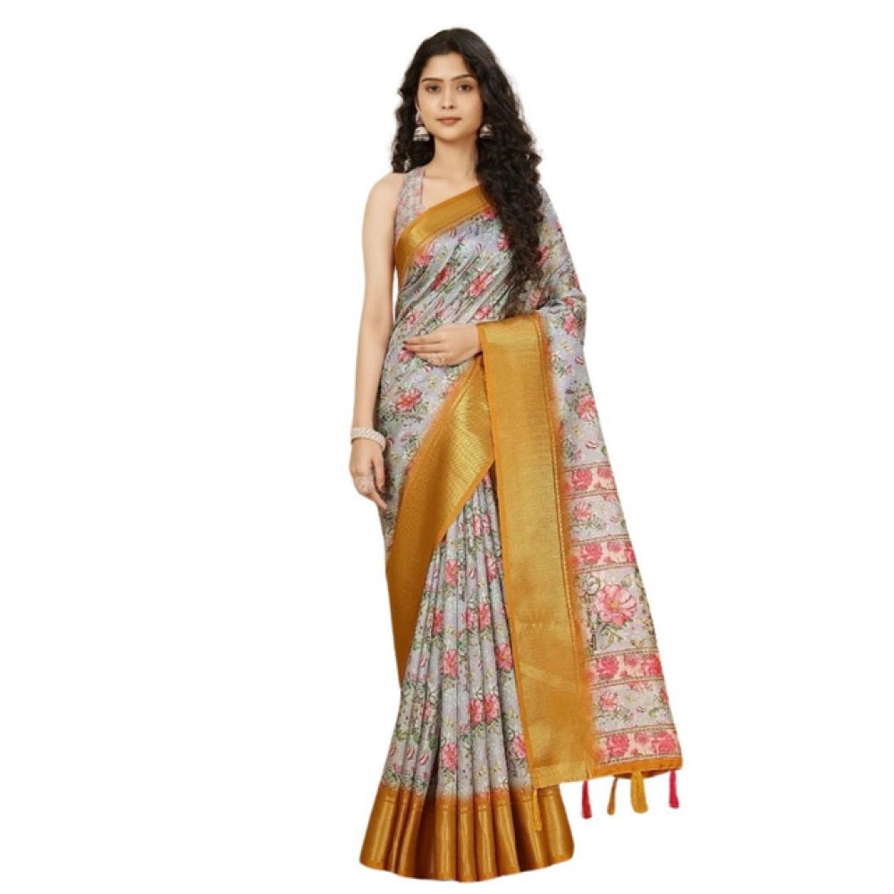 Amfyn Women's Cotton Silk Floral Printed Saree With Unstitched Blouse 5.5Mtr (Lavender)