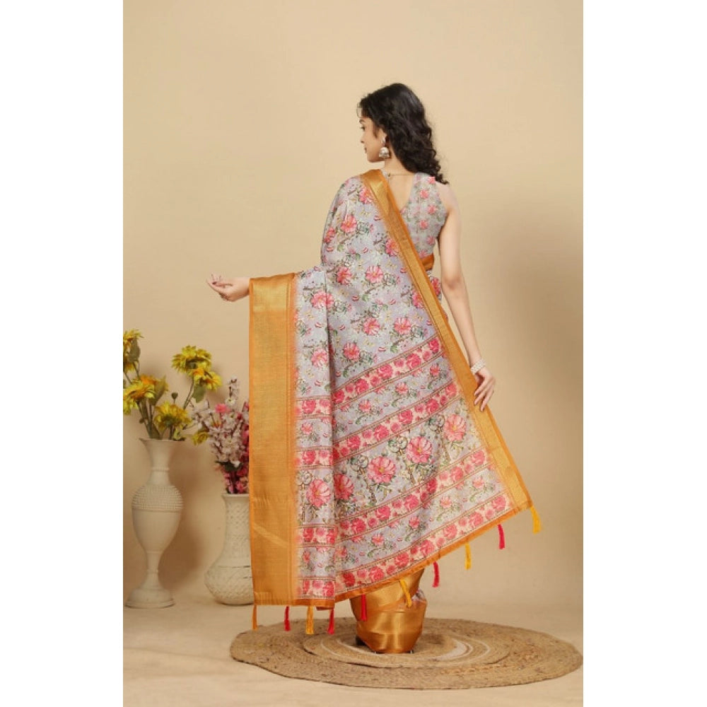 Amfyn Women's Cotton Silk Floral Printed Saree With Unstitched Blouse 5.5Mtr (Lavender)