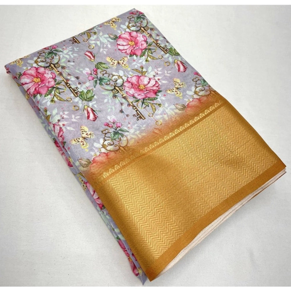 Amfyn Women's Cotton Silk Floral Printed Saree With Unstitched Blouse 5.5Mtr (Lavender)