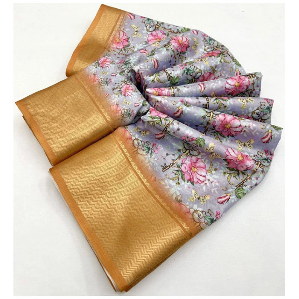 Amfyn Women's Cotton Silk Floral Printed Saree With Unstitched Blouse 5.5Mtr (Lavender)