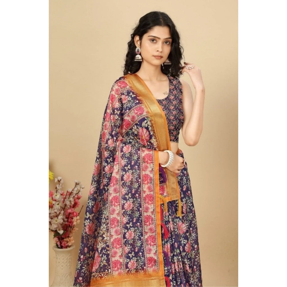 Amfyn Women's Cotton Silk Floral Printed Saree With Unstitched Blouse 5.5Mtr (Purple)