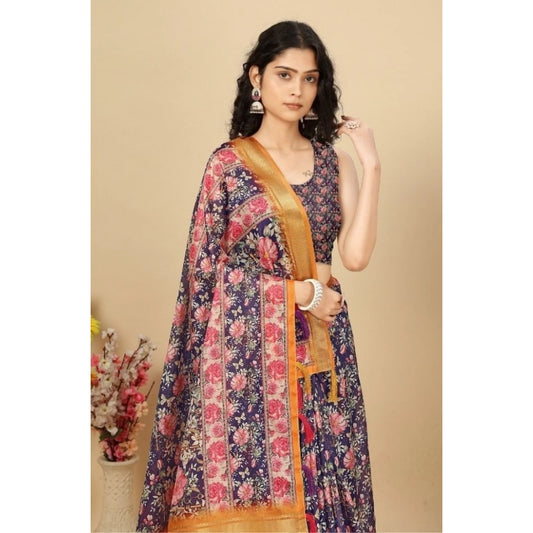 Amfyn Women's Cotton Silk Floral Printed Saree With Unstitched Blouse 5.5Mtr (Purple)