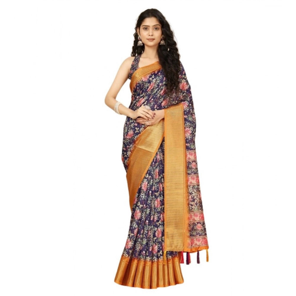 Amfyn Women's Cotton Silk Floral Printed Saree With Unstitched Blouse 5.5Mtr (Purple)