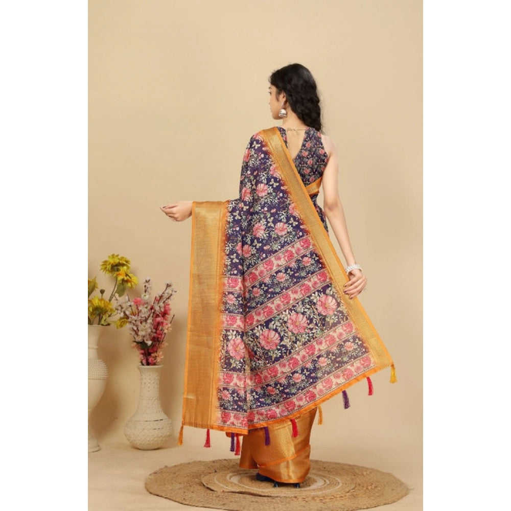 Amfyn Women's Cotton Silk Floral Printed Saree With Unstitched Blouse 5.5Mtr (Purple)