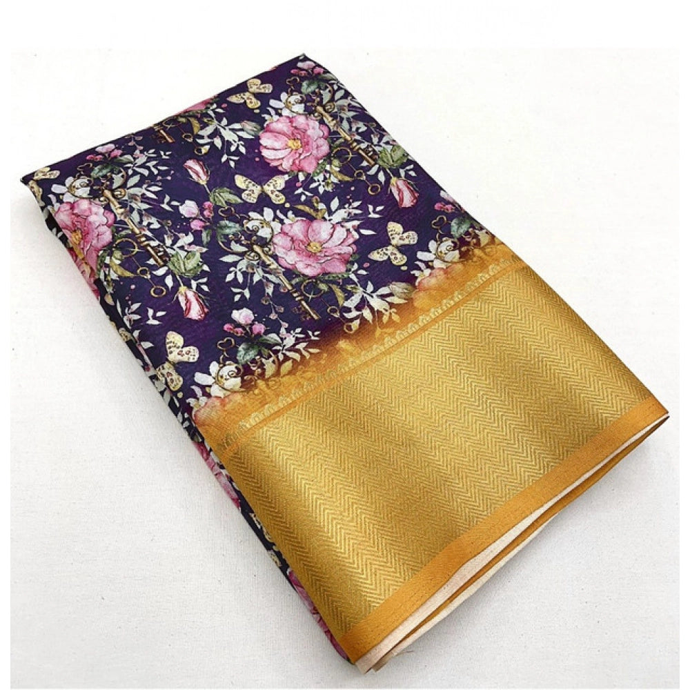 Amfyn Women's Cotton Silk Floral Printed Saree With Unstitched Blouse 5.5Mtr (Purple)