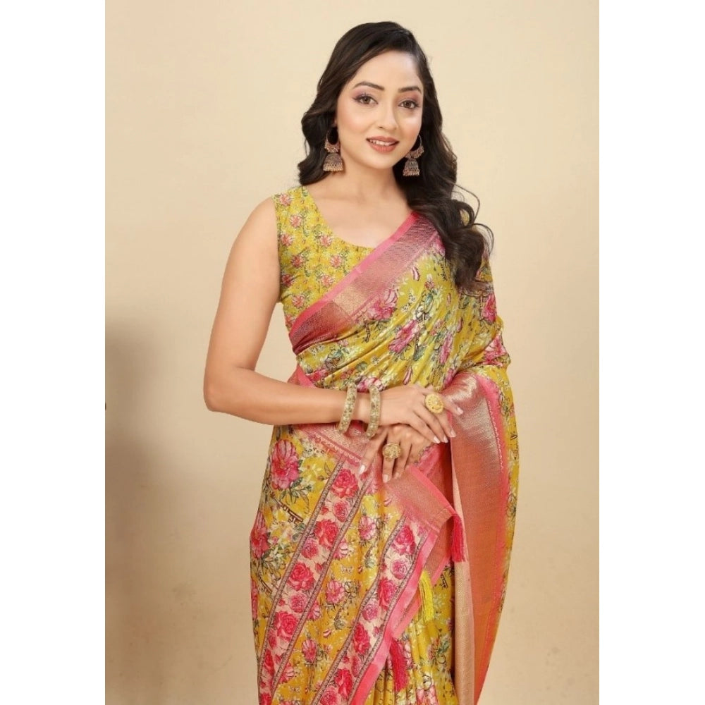 Amfyn Women's Cotton Silk Floral Printed Saree With Unstitched Blouse 5.5Mtr (Yellow)