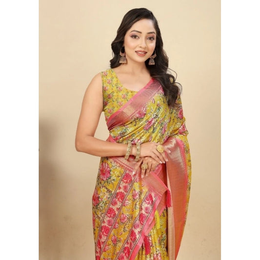 Amfyn Women's Cotton Silk Floral Printed Saree With Unstitched Blouse 5.5Mtr (Yellow)