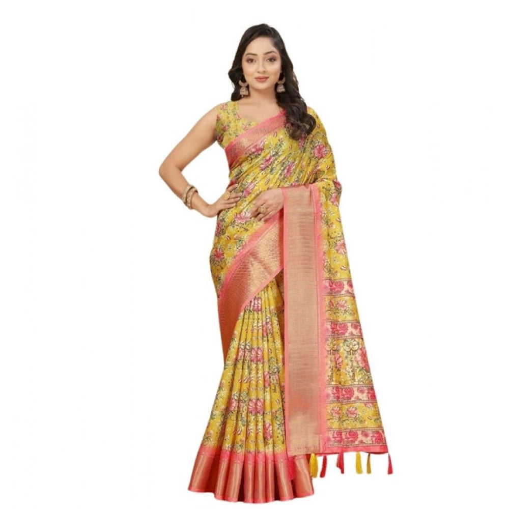 Amfyn Women's Cotton Silk Floral Printed Saree With Unstitched Blouse 5.5Mtr (Yellow)