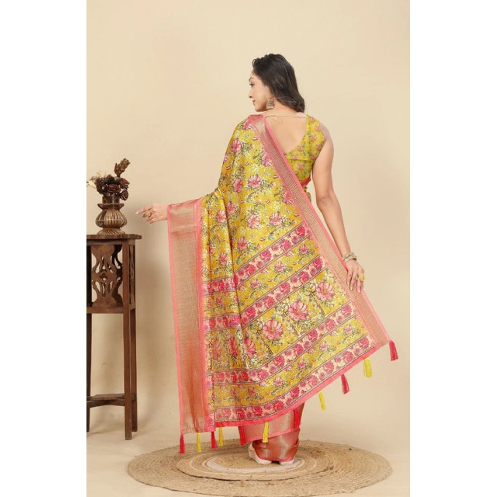 Amfyn Women's Cotton Silk Floral Printed Saree With Unstitched Blouse 5.5Mtr (Yellow)