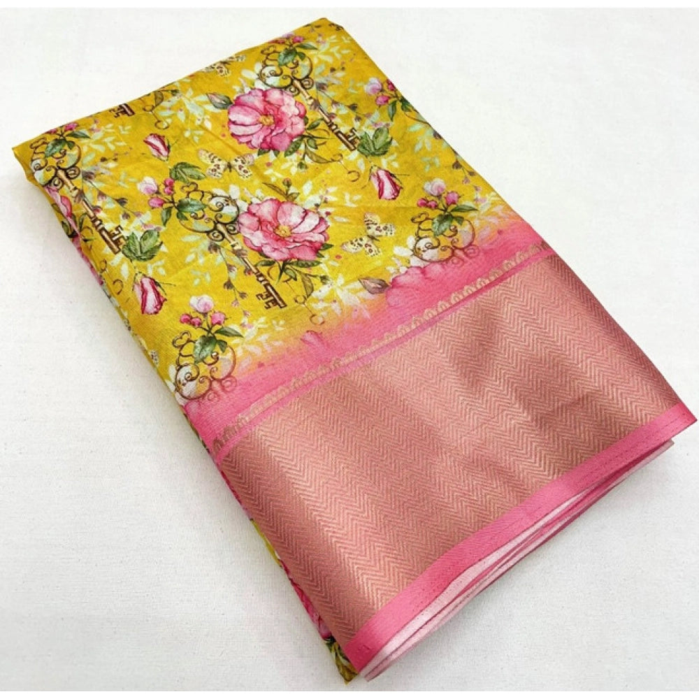 Amfyn Women's Cotton Silk Floral Printed Saree With Unstitched Blouse 5.5Mtr (Yellow)
