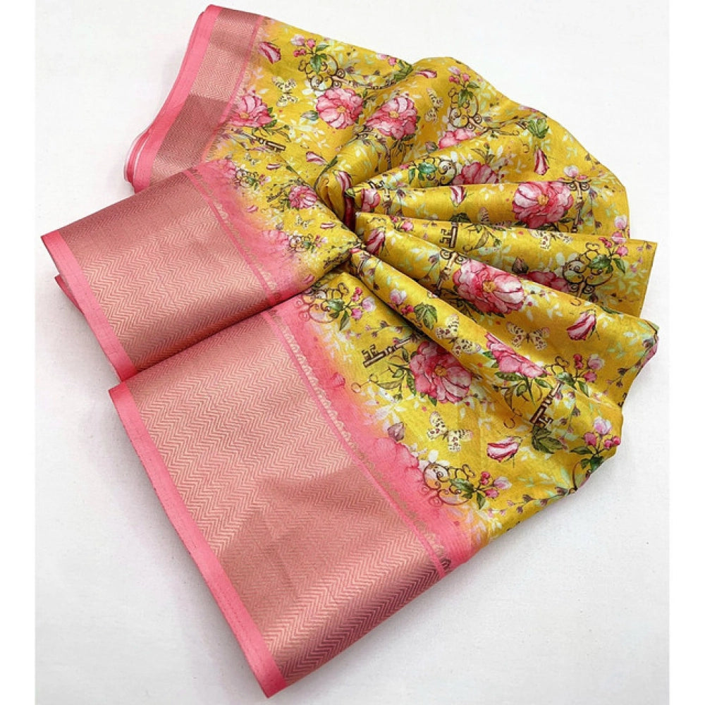 Amfyn Women's Cotton Silk Floral Printed Saree With Unstitched Blouse 5.5Mtr (Yellow)