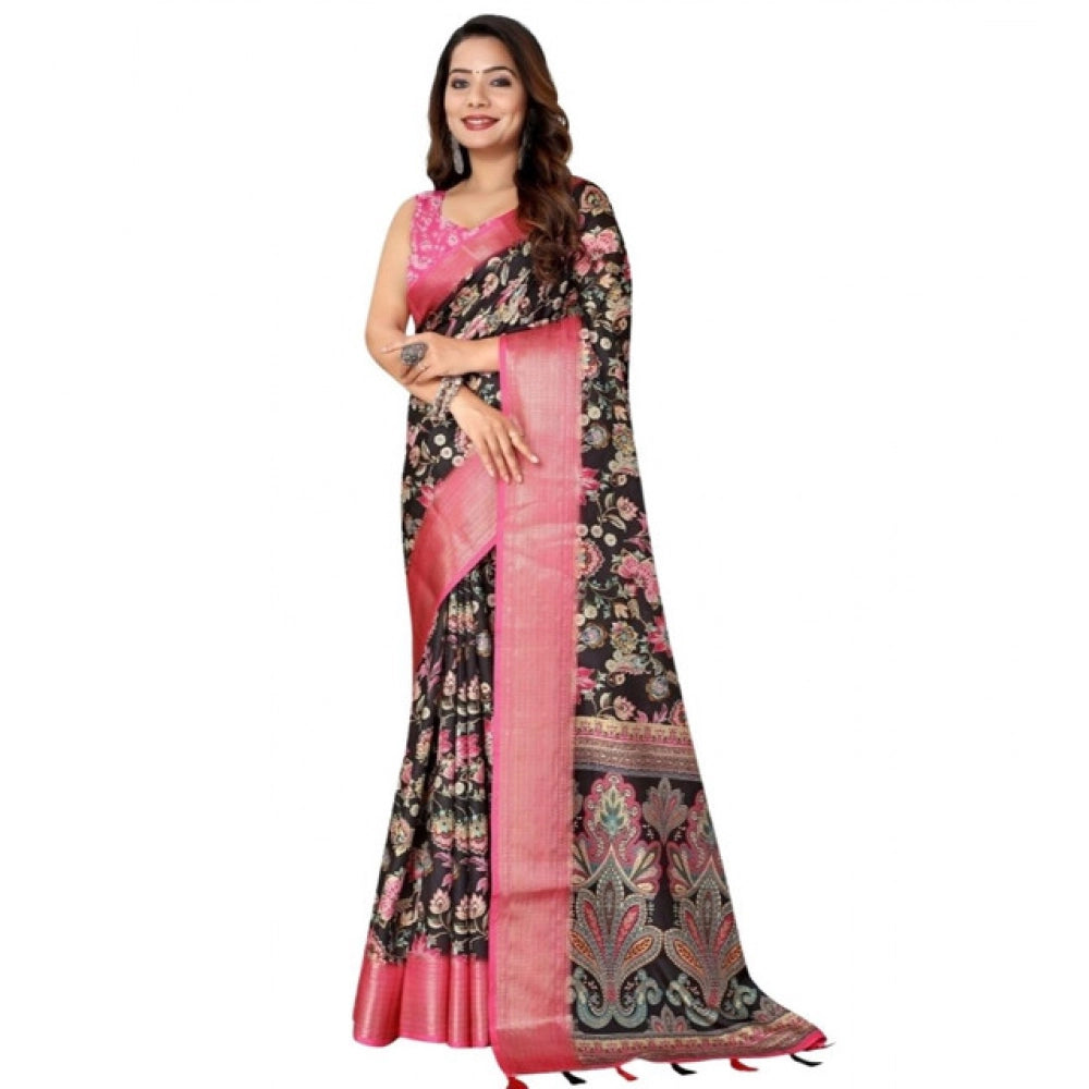 Amfyn Women's Cotton Silk Floral Printed Saree With Unstitched Blouse 5.5Mtr (Multicolor)