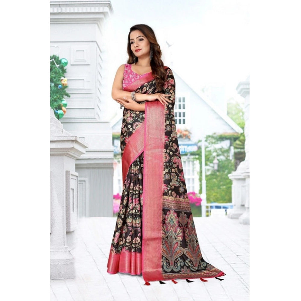 Amfyn Women's Cotton Silk Floral Printed Saree With Unstitched Blouse 5.5Mtr (Multicolor)