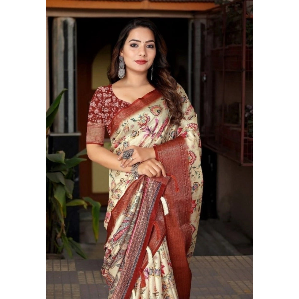 Amfyn Women's Cotton Silk Floral Printed Saree With Unstitched Blouse 5.5Mtr (Gold-Brown)