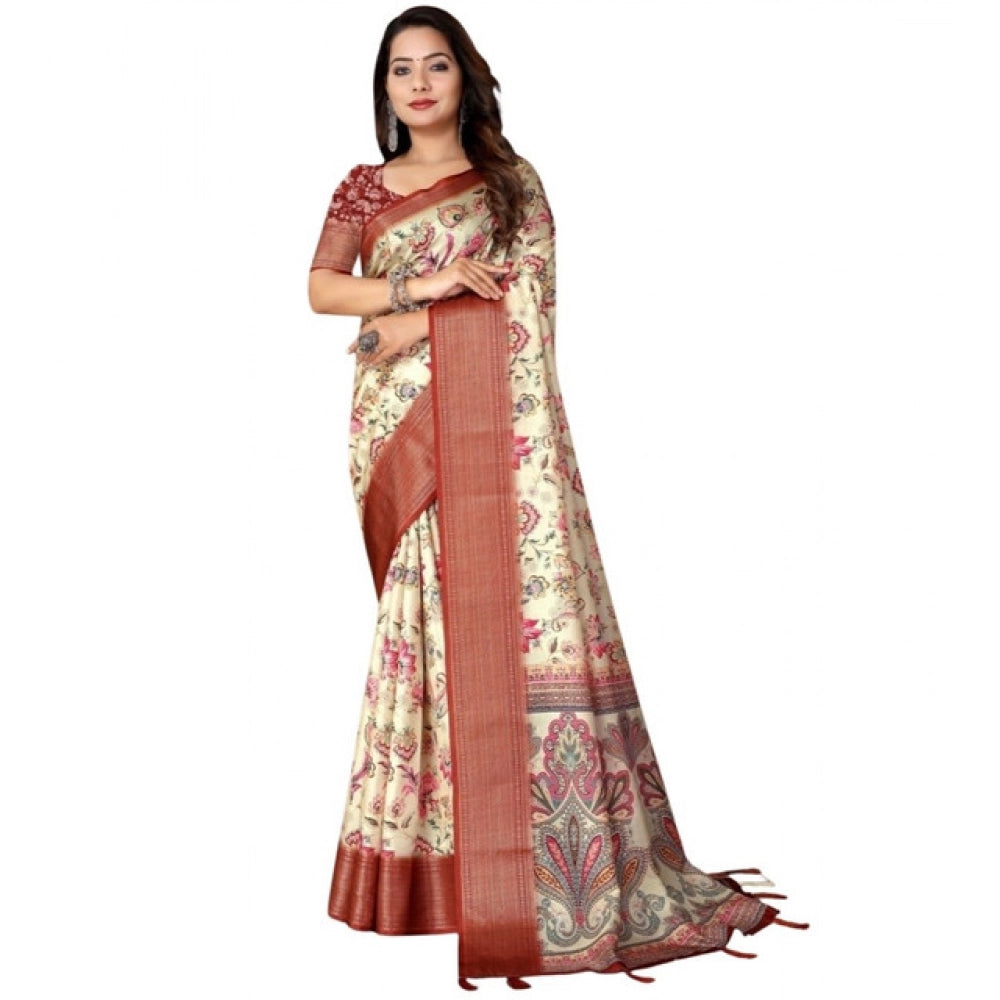 Amfyn Women's Cotton Silk Floral Printed Saree With Unstitched Blouse 5.5Mtr (Gold-Brown)