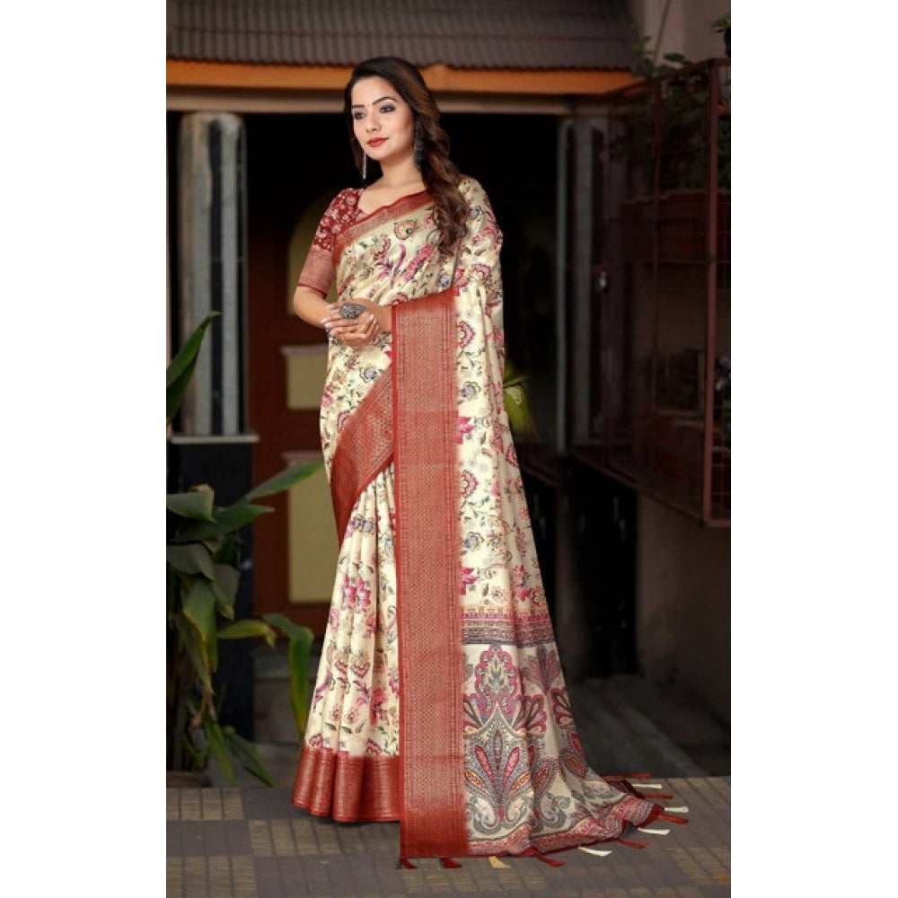 Amfyn Women's Cotton Silk Floral Printed Saree With Unstitched Blouse 5.5Mtr (Gold-Brown)
