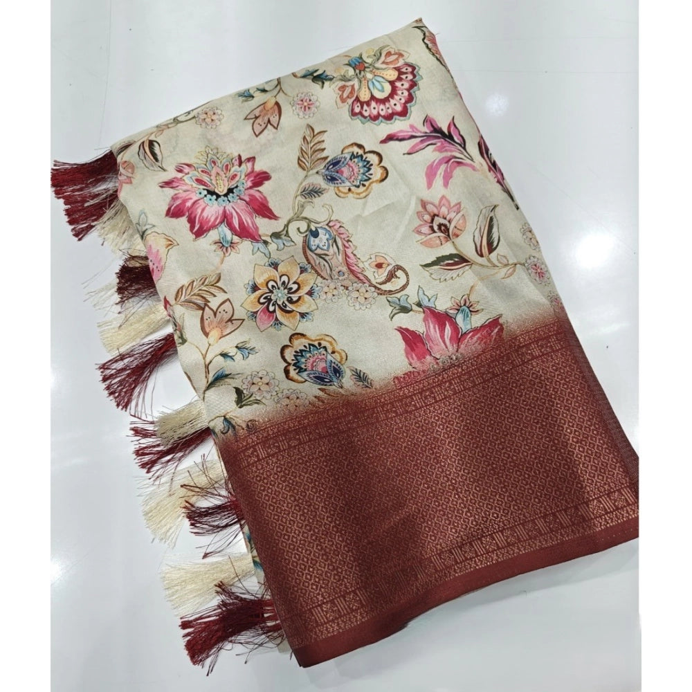 Amfyn Women's Cotton Silk Floral Printed Saree With Unstitched Blouse 5.5Mtr (Gold-Brown)