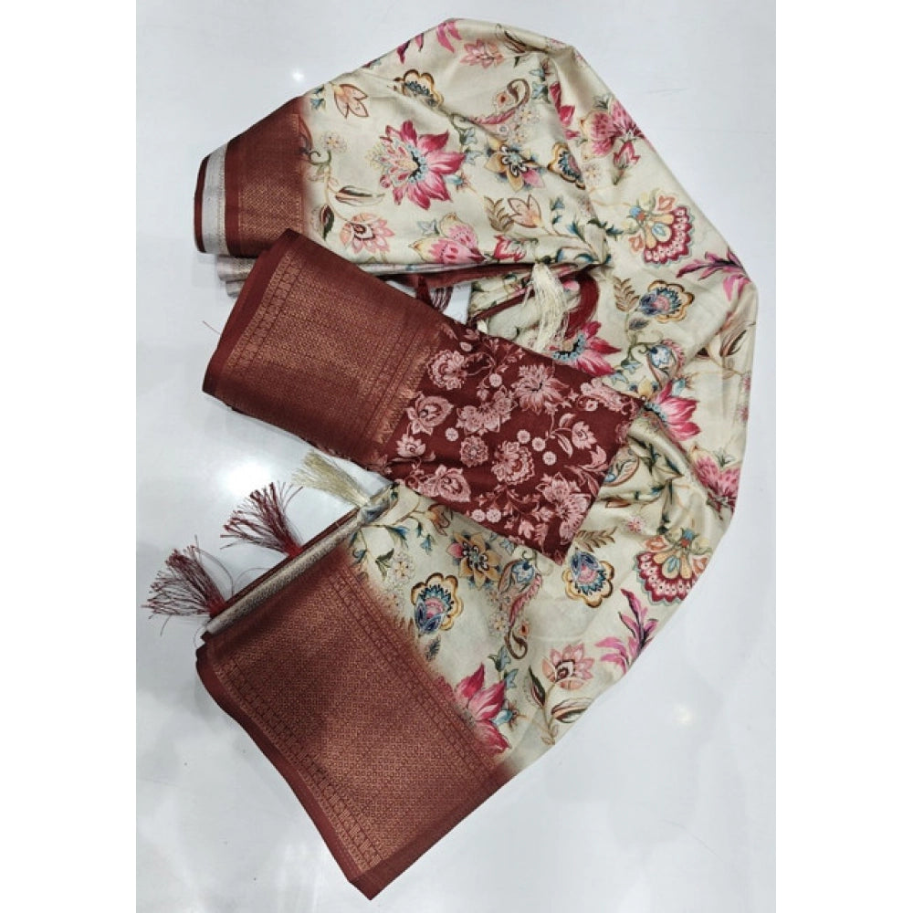 Amfyn Women's Cotton Silk Floral Printed Saree With Unstitched Blouse 5.5Mtr (Gold-Brown)