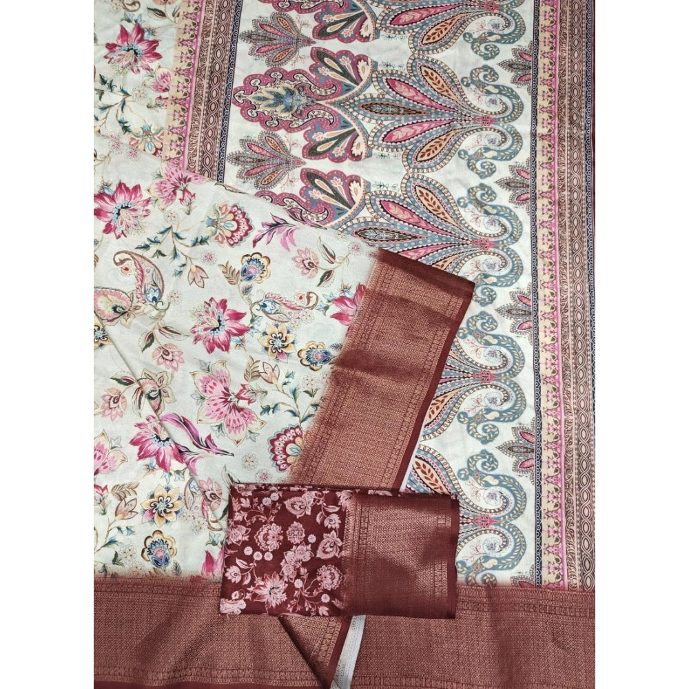 Amfyn Women's Cotton Silk Floral Printed Saree With Unstitched Blouse 5.5Mtr (Gold-Brown)