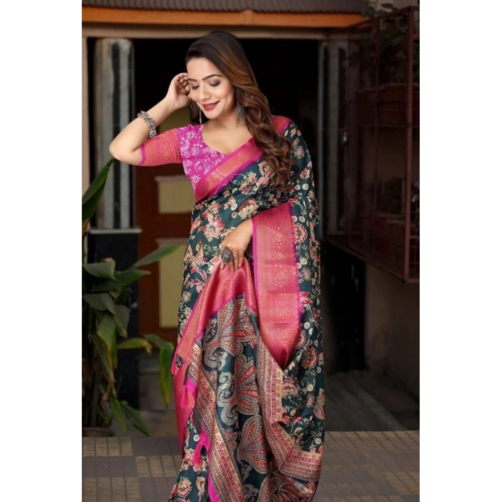 Amfyn Women's Cotton Silk Floral Printed Saree With Unstitched Blouse 5.5Mtr (Green-Pink)