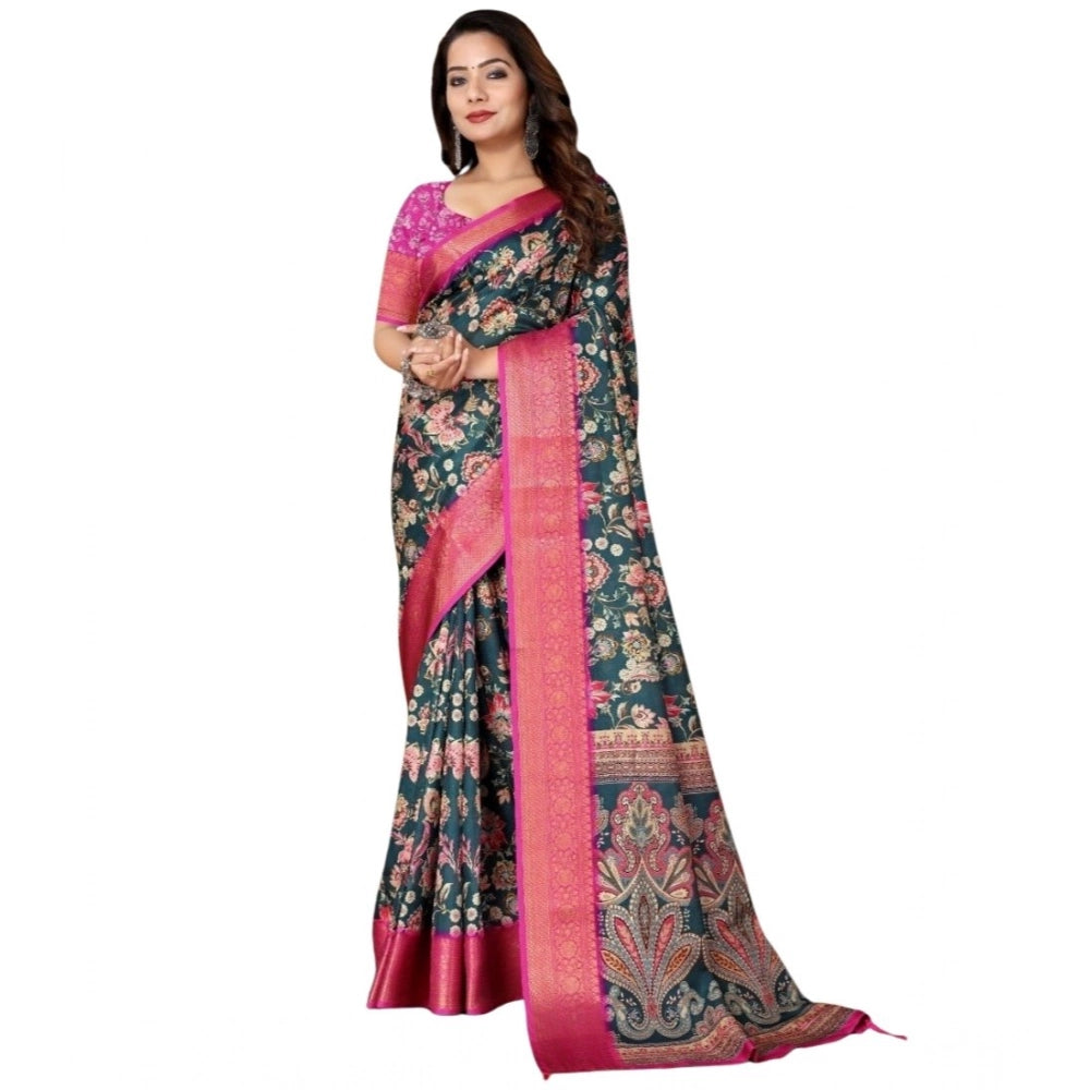 Amfyn Women's Cotton Silk Floral Printed Saree With Unstitched Blouse 5.5Mtr (Green-Pink)
