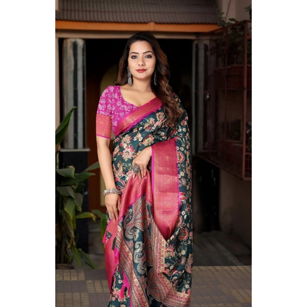 Amfyn Women's Cotton Silk Floral Printed Saree With Unstitched Blouse 5.5Mtr (Green-Pink)