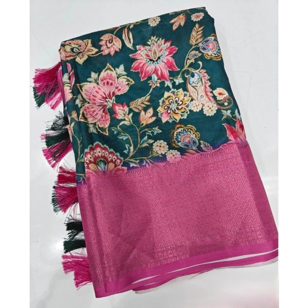 Amfyn Women's Cotton Silk Floral Printed Saree With Unstitched Blouse 5.5Mtr (Green-Pink)
