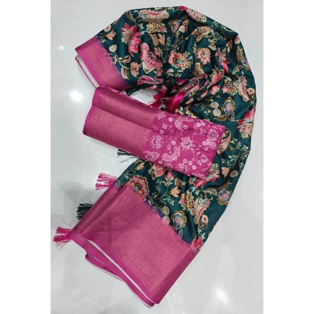 Amfyn Women's Cotton Silk Floral Printed Saree With Unstitched Blouse 5.5Mtr (Green-Pink)