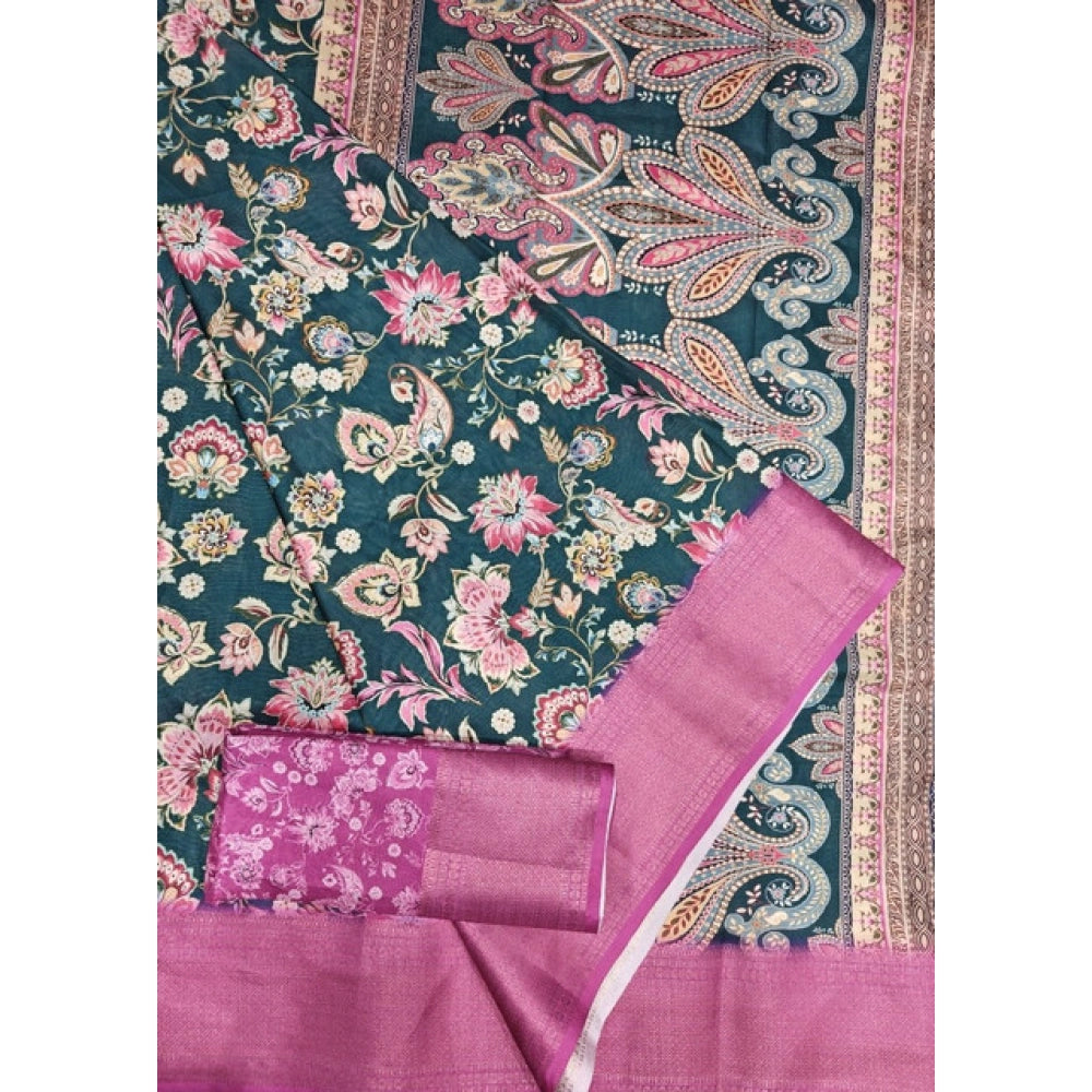Amfyn Women's Cotton Silk Floral Printed Saree With Unstitched Blouse 5.5Mtr (Green-Pink)