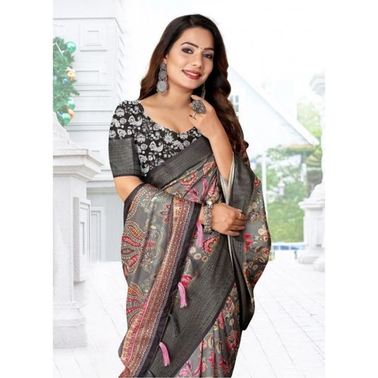 Amfyn Women's Cotton Silk Floral Printed Saree With Unstitched Blouse 5.5Mtr (Grey-Black)