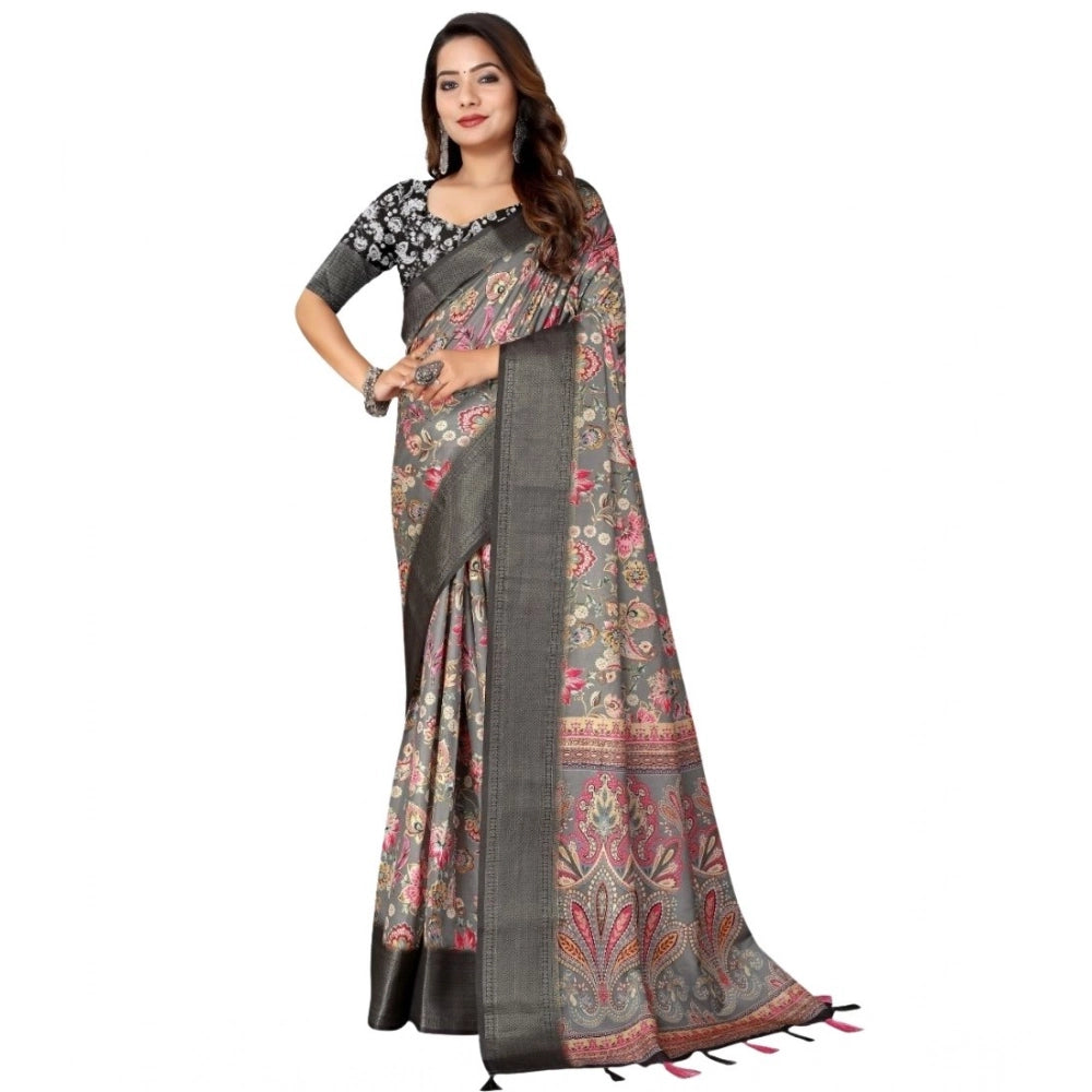 Amfyn Women's Cotton Silk Floral Printed Saree With Unstitched Blouse 5.5Mtr (Grey-Black)