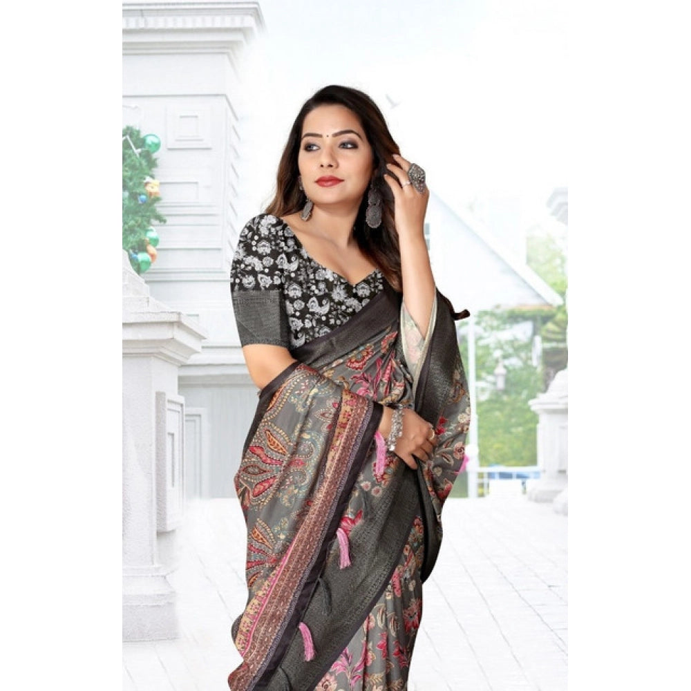 Amfyn Women's Cotton Silk Floral Printed Saree With Unstitched Blouse 5.5Mtr (Grey-Black)