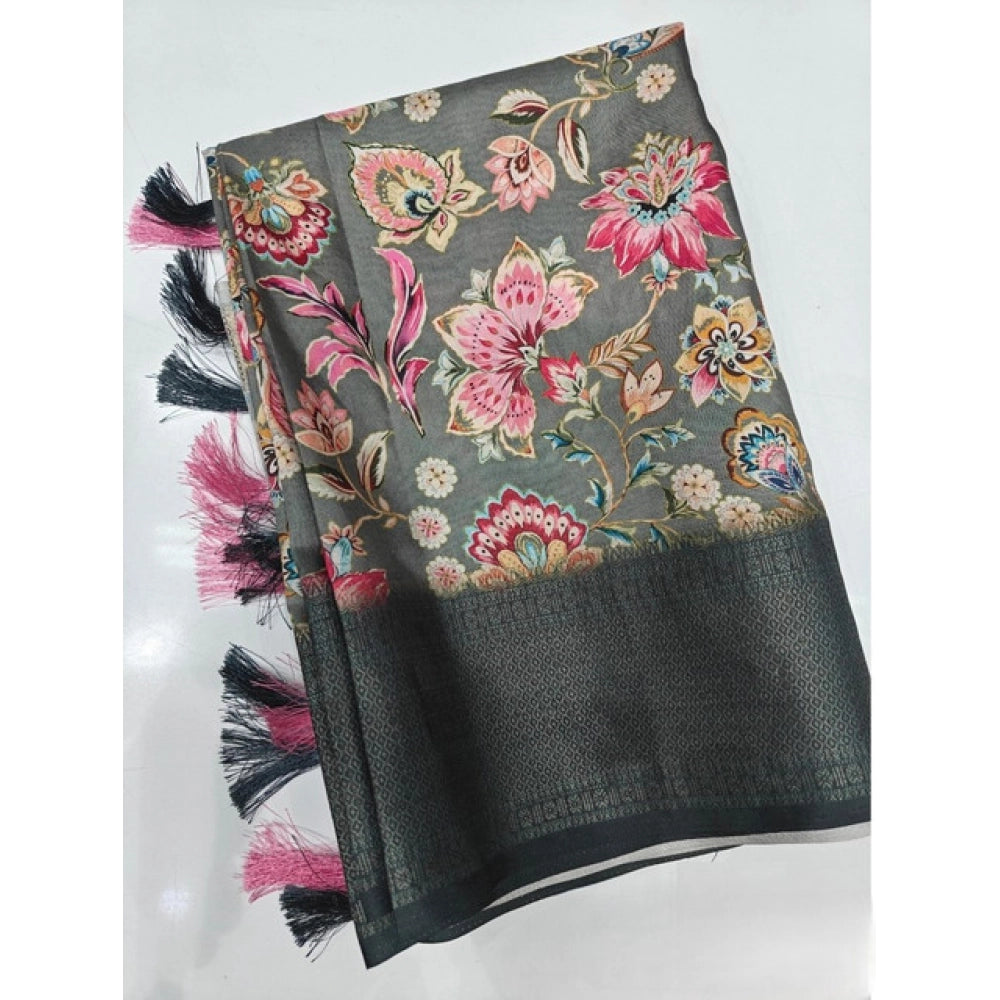 Amfyn Women's Cotton Silk Floral Printed Saree With Unstitched Blouse 5.5Mtr (Grey-Black)