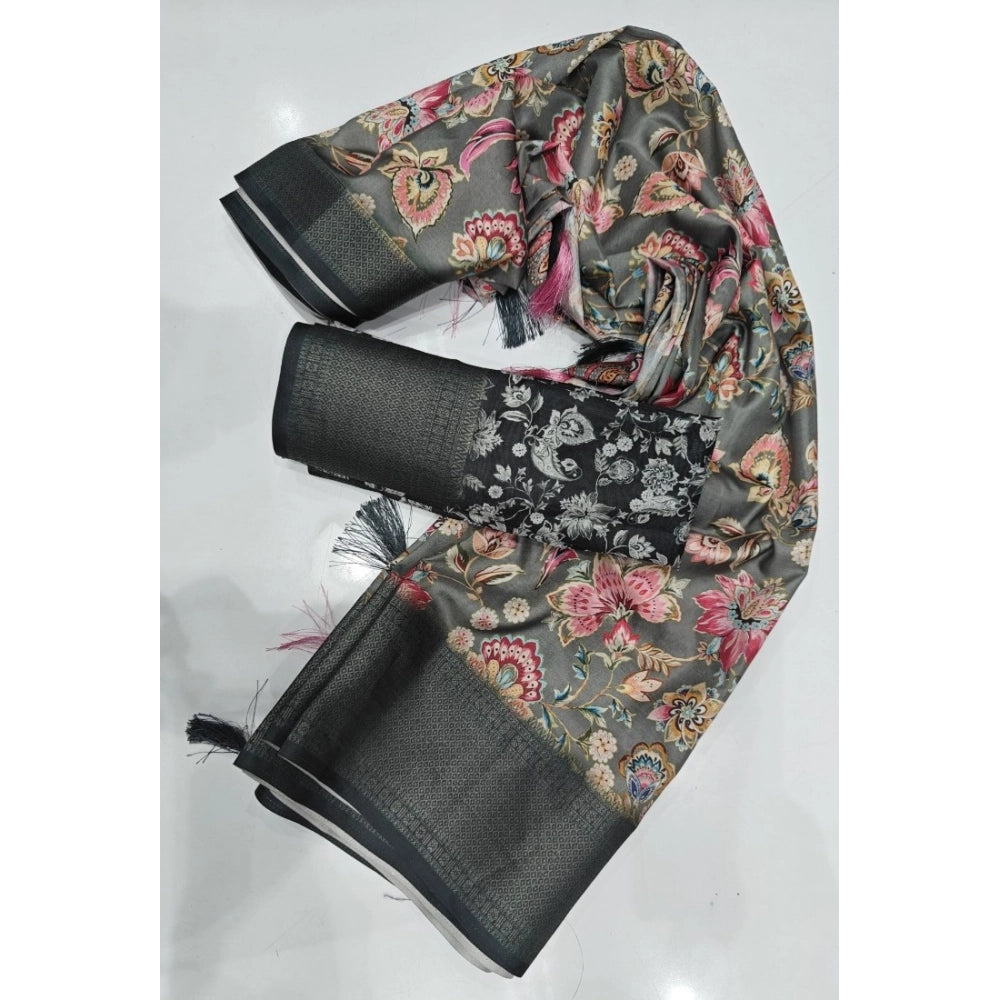 Amfyn Women's Cotton Silk Floral Printed Saree With Unstitched Blouse 5.5Mtr (Grey-Black)