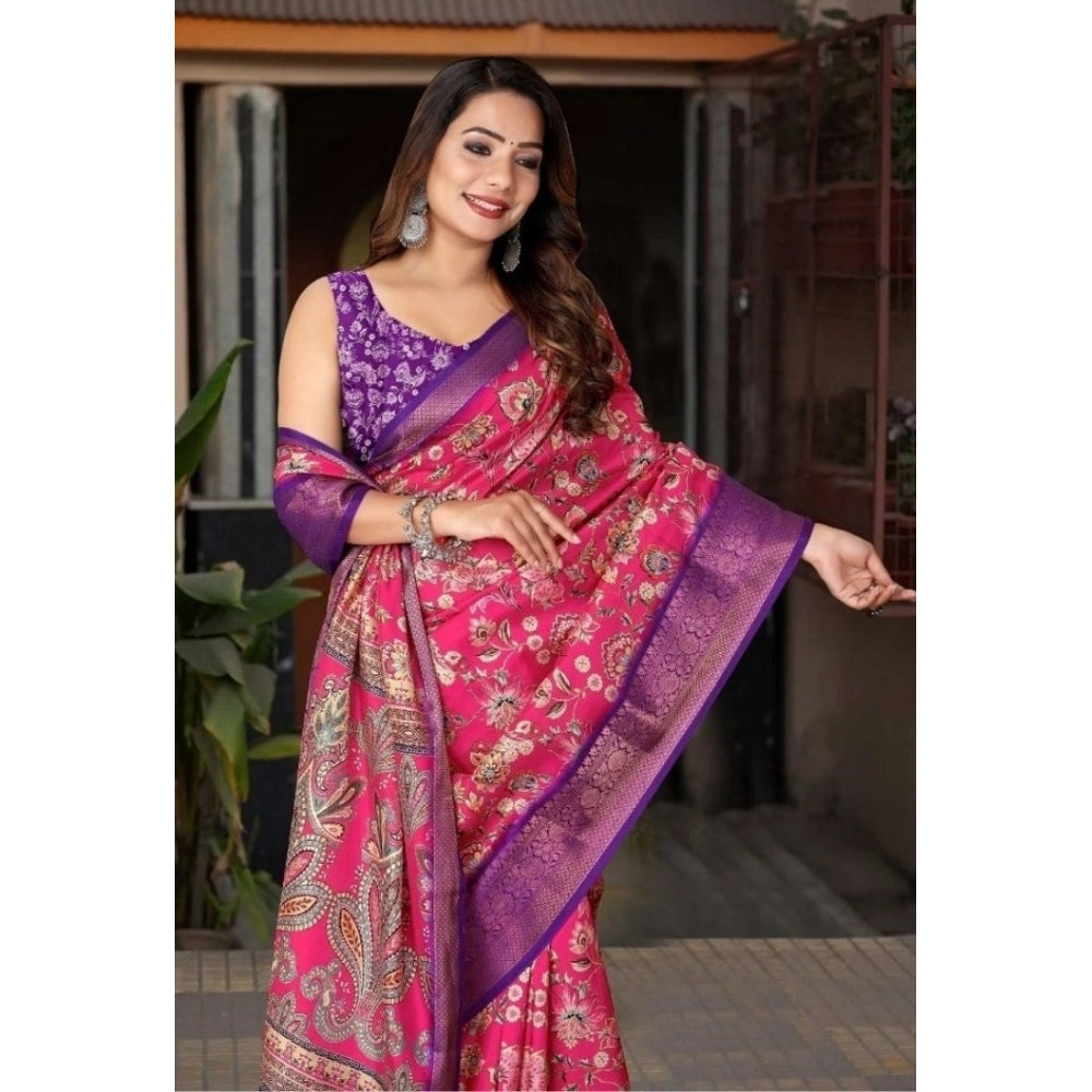Amfyn Women's Cotton Silk Floral Printed Saree With Unstitched Blouse 5.5Mtr (Pink-Purple)