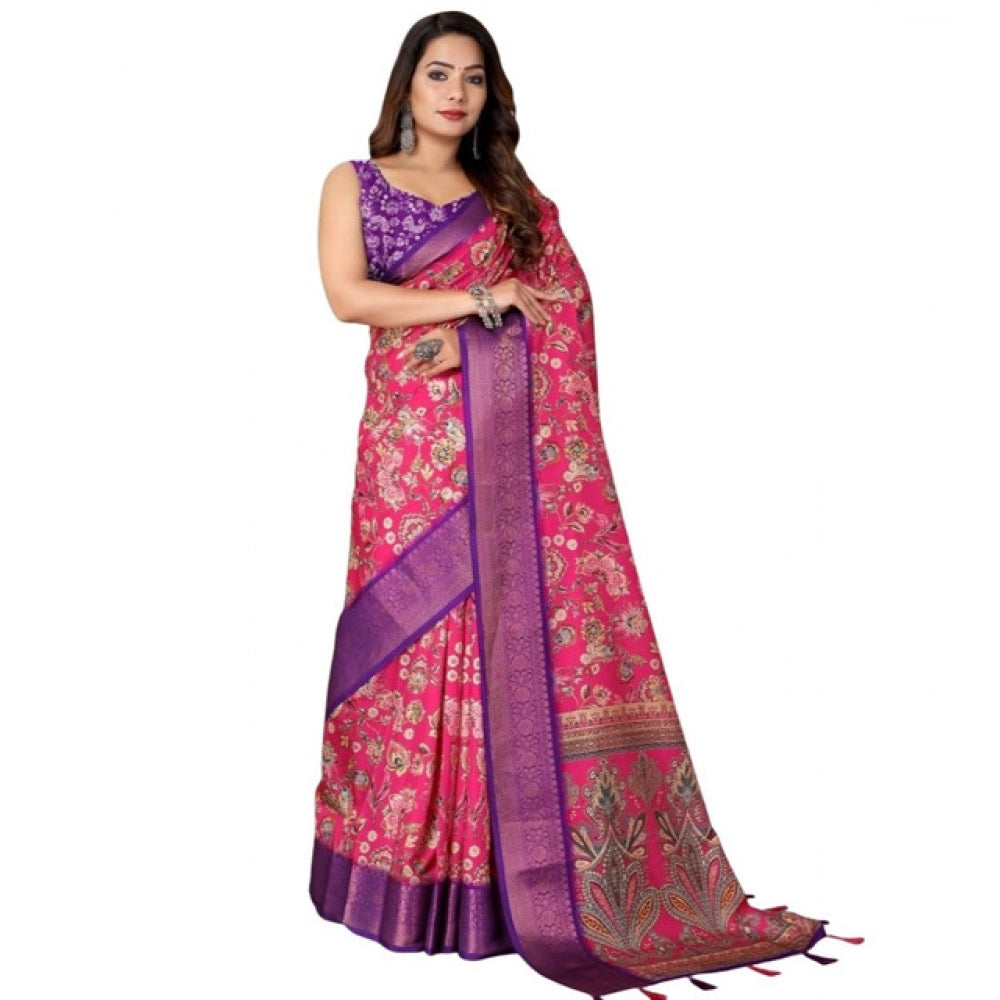 Amfyn Women's Cotton Silk Floral Printed Saree With Unstitched Blouse 5.5Mtr (Pink-Purple)