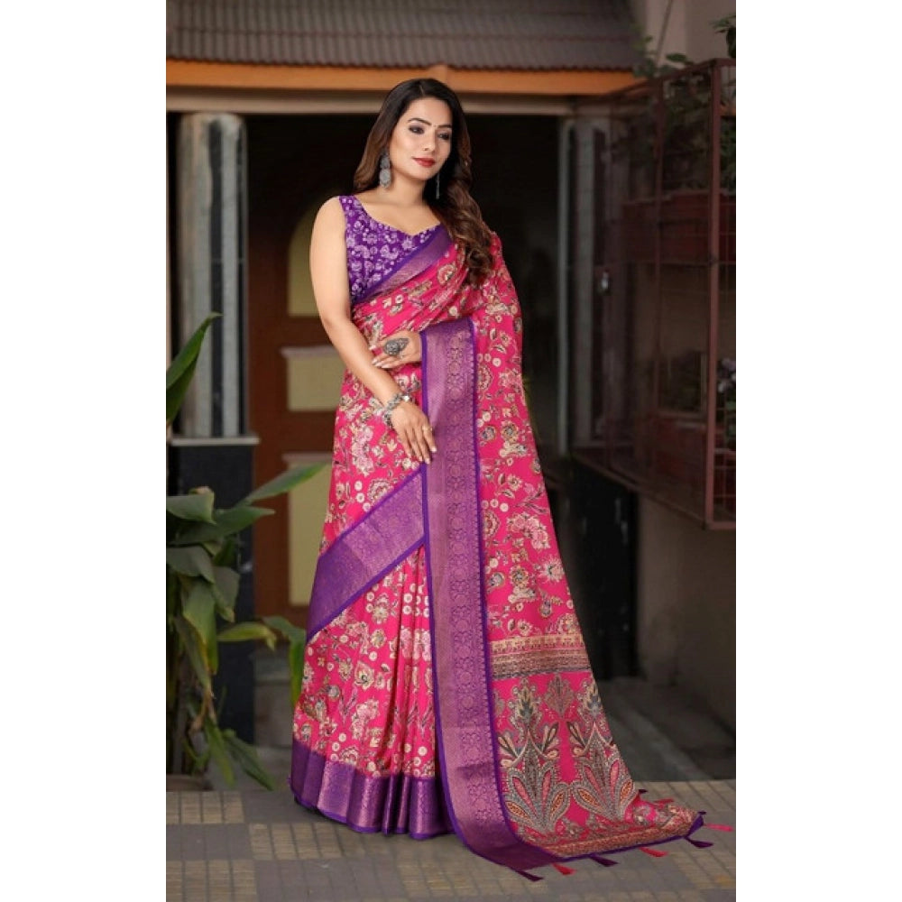 Amfyn Women's Cotton Silk Floral Printed Saree With Unstitched Blouse 5.5Mtr (Pink-Purple)
