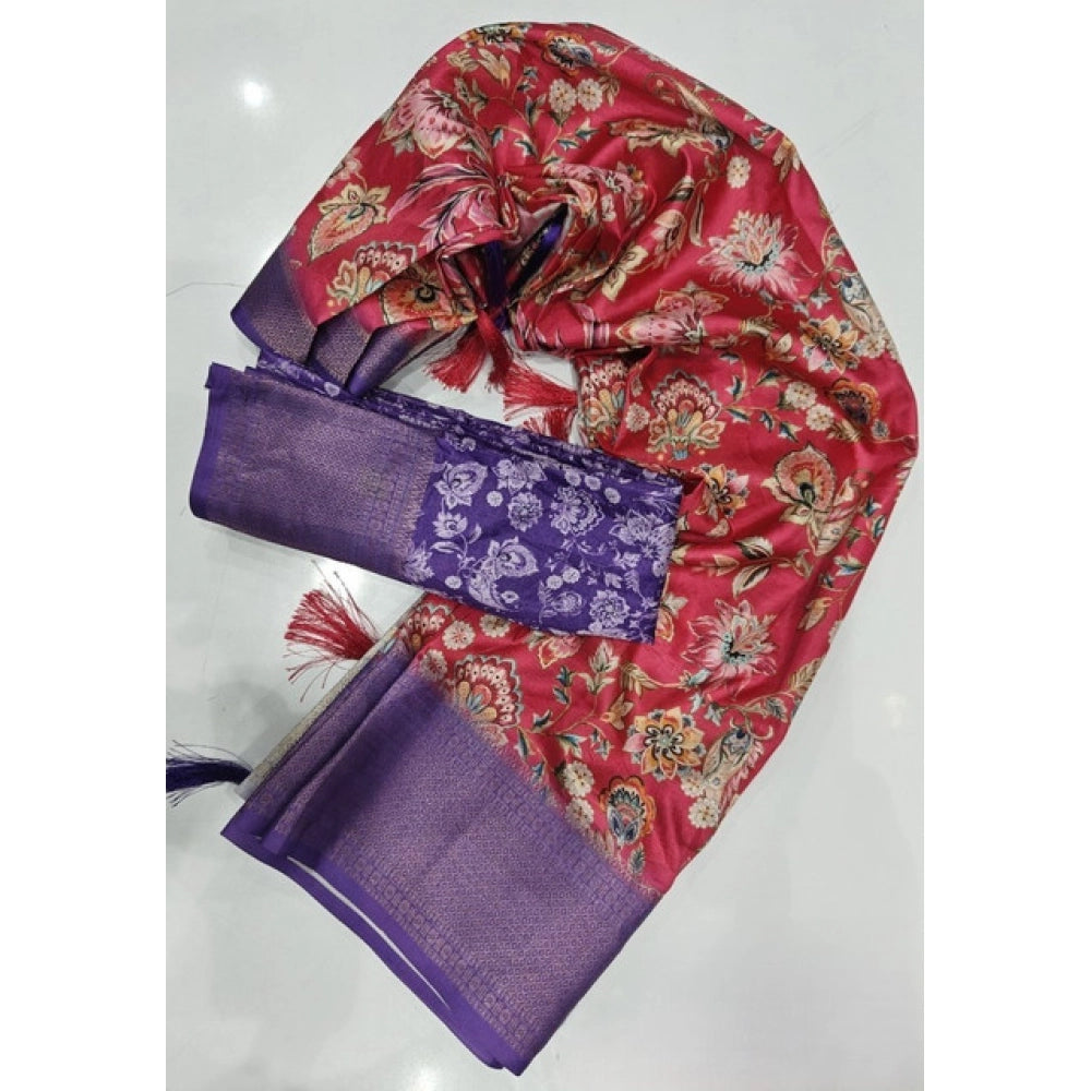 Amfyn Women's Cotton Silk Floral Printed Saree With Unstitched Blouse 5.5Mtr (Pink-Purple)