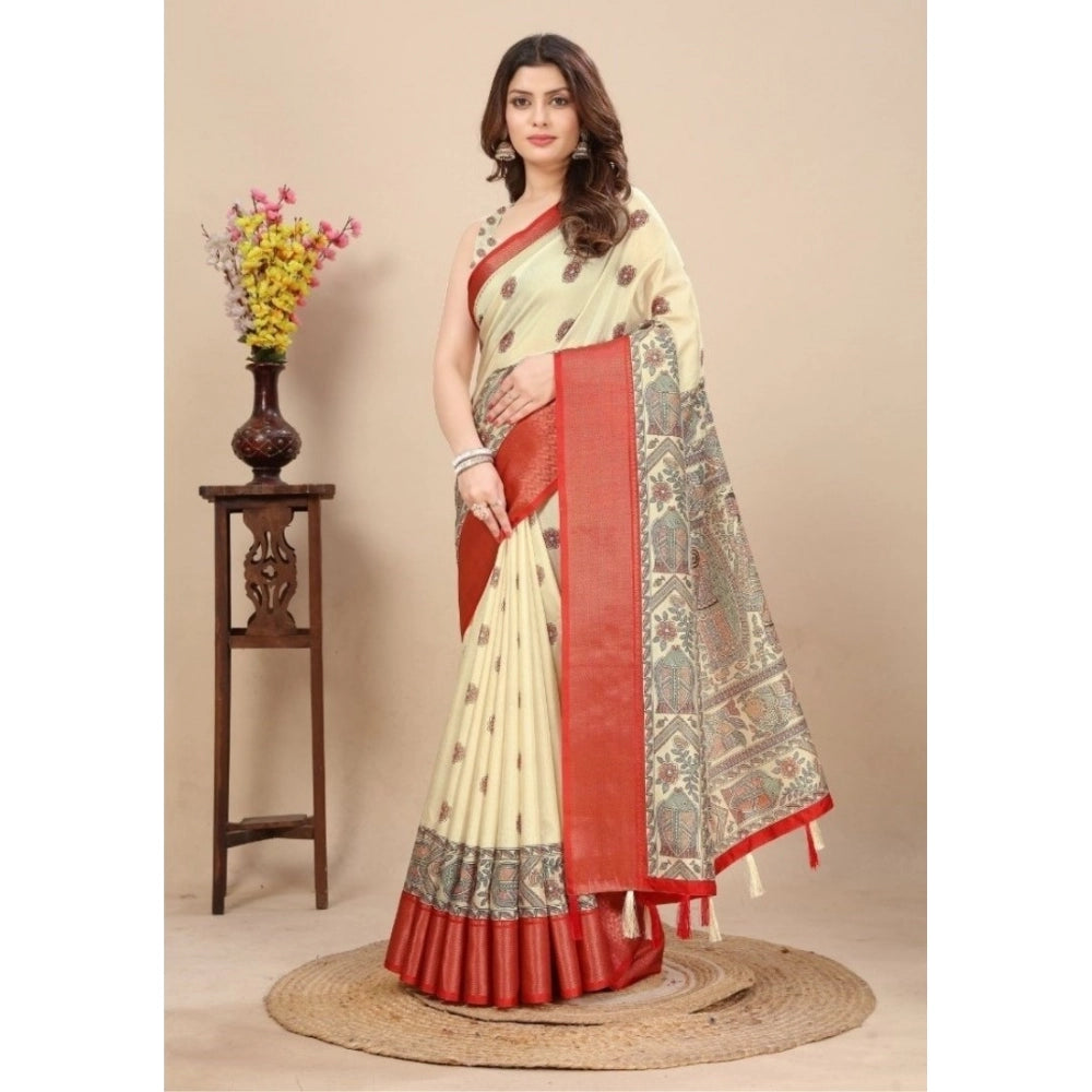 Amfyn Women's Cotton Silk Printed Saree With Unstitched Blouse 5.5Mtr (Cream)