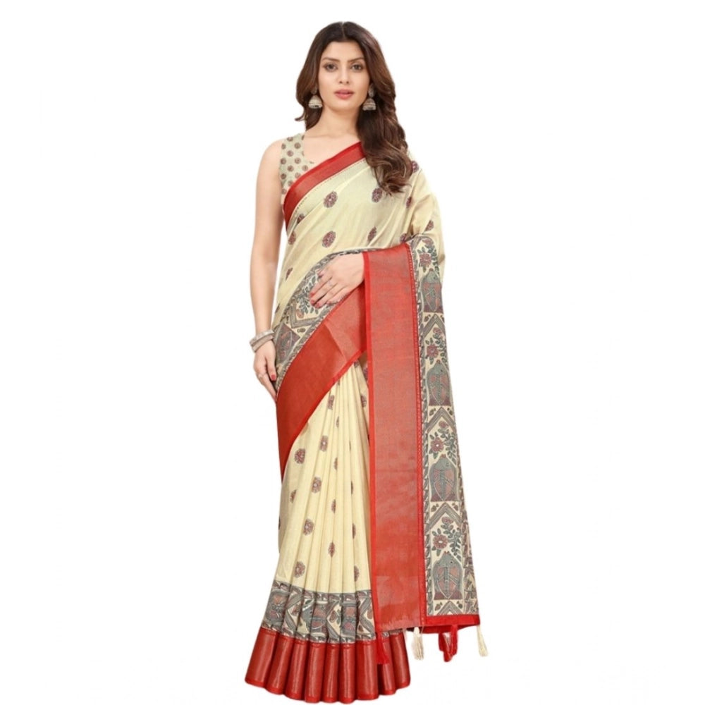 Amfyn Women's Cotton Silk Printed Saree With Unstitched Blouse 5.5Mtr (Cream)