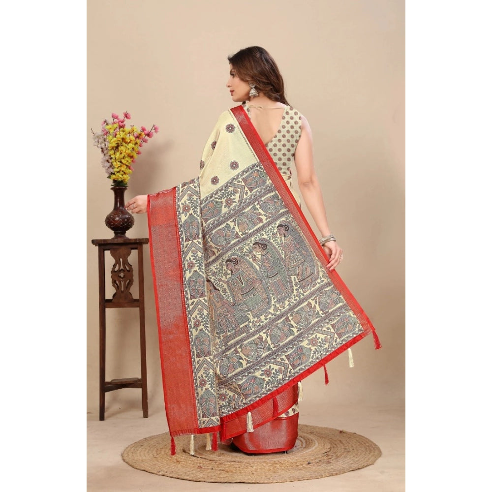 Amfyn Women's Cotton Silk Printed Saree With Unstitched Blouse 5.5Mtr (Cream)