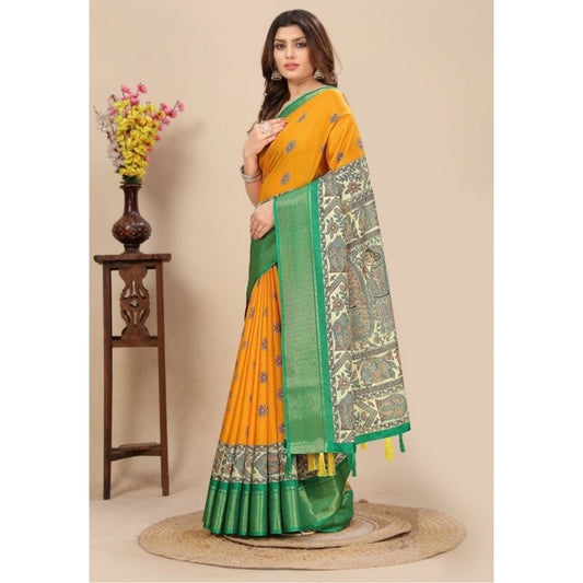 Amfyn Women's Cotton Silk Printed Saree With Unstitched Blouse 5.5Mtr (Yellow)