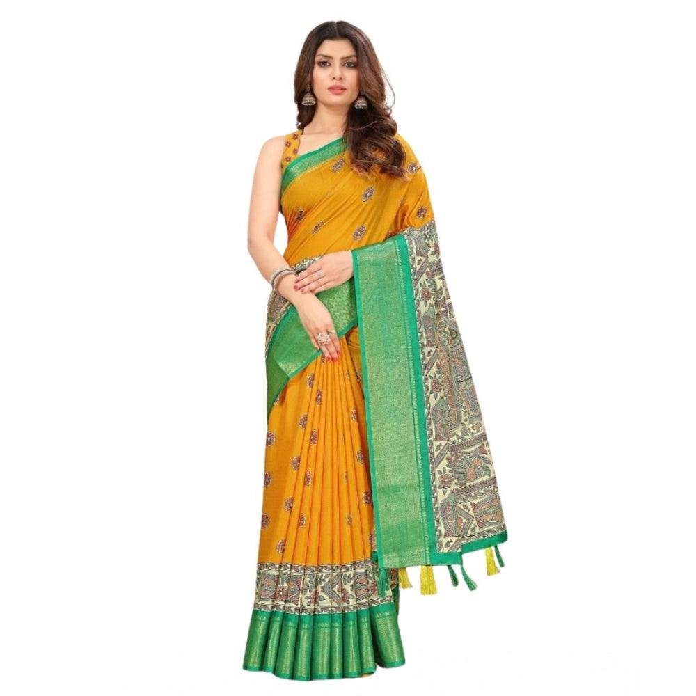 Amfyn Women's Cotton Silk Printed Saree With Unstitched Blouse 5.5Mtr (Yellow)