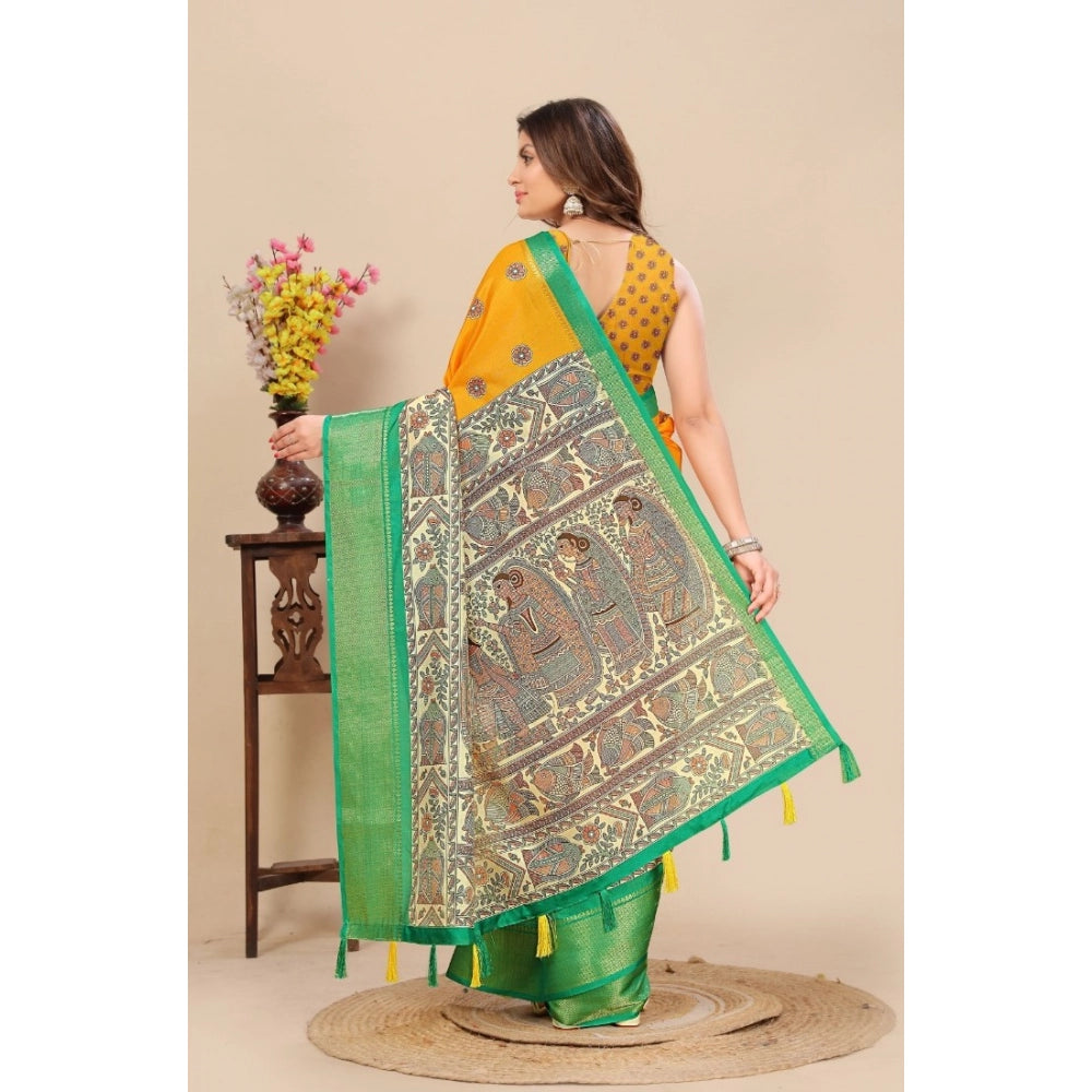 Amfyn Women's Cotton Silk Printed Saree With Unstitched Blouse 5.5Mtr (Yellow)