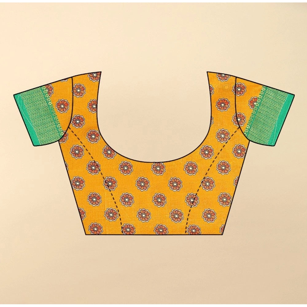 Amfyn Women's Cotton Silk Printed Saree With Unstitched Blouse 5.5Mtr (Yellow)